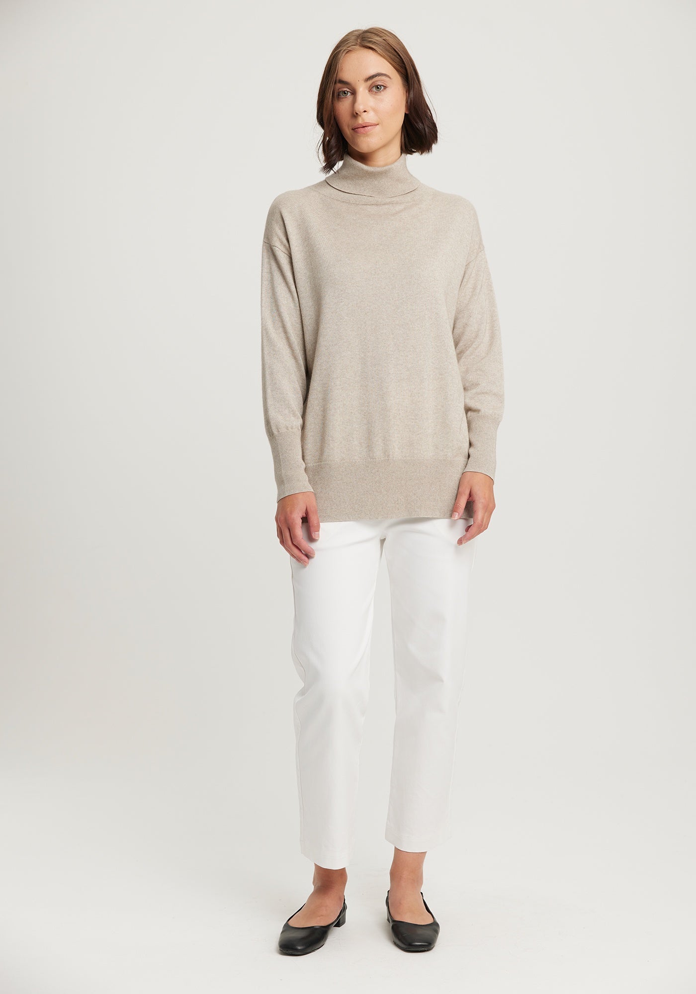 Mae Turtleneck from THE ECOTREE COLLECTION available shopology Christchurch CBD. A longer length relaxed silhouette, turtle neck, dropped sleeves, deep ribbed neck, cuff & band with an effortlessly loungy look. Made from the finest blend of premium Possum, ZQ certified Merino and Tencel ( sustainable Eucalyptus trees ).