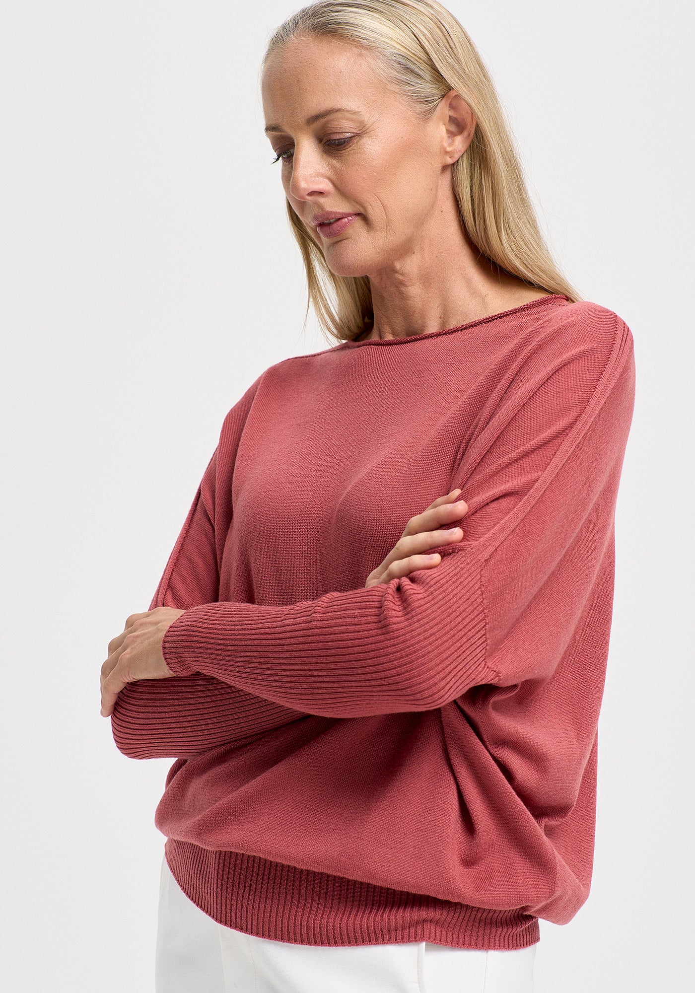 The Mira Sweater from Untouched World's Merino collection available shopology, Christchurch CBD. Mira is soft, warm, and flatters a whole lot of bodies with its graceful ribbed, dolman sleeves and boat neckline. Made from UTW's machine washable merino, it’s super easy care and perfect for autumn through to spring with its fitted hem and sleeves to keep the cold out. In warmer climate's works well in the Winter too. An elegant Style to take you anywhere.