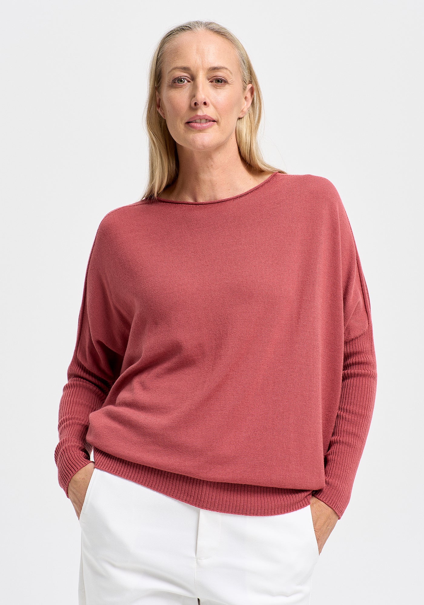 The Mira Sweater from Untouched World's Merino collection available shopology, Christchurch CBD. Mira is soft, warm, and flatters a whole lot of bodies with its graceful ribbed, dolman sleeves and boat neckline. Made from UTW's machine washable merino, it’s super easy care and perfect for autumn through to spring with its fitted hem and sleeves to keep the cold out. In warmer climate's works well in the Winter too. An elegant Style to take you anywhere.