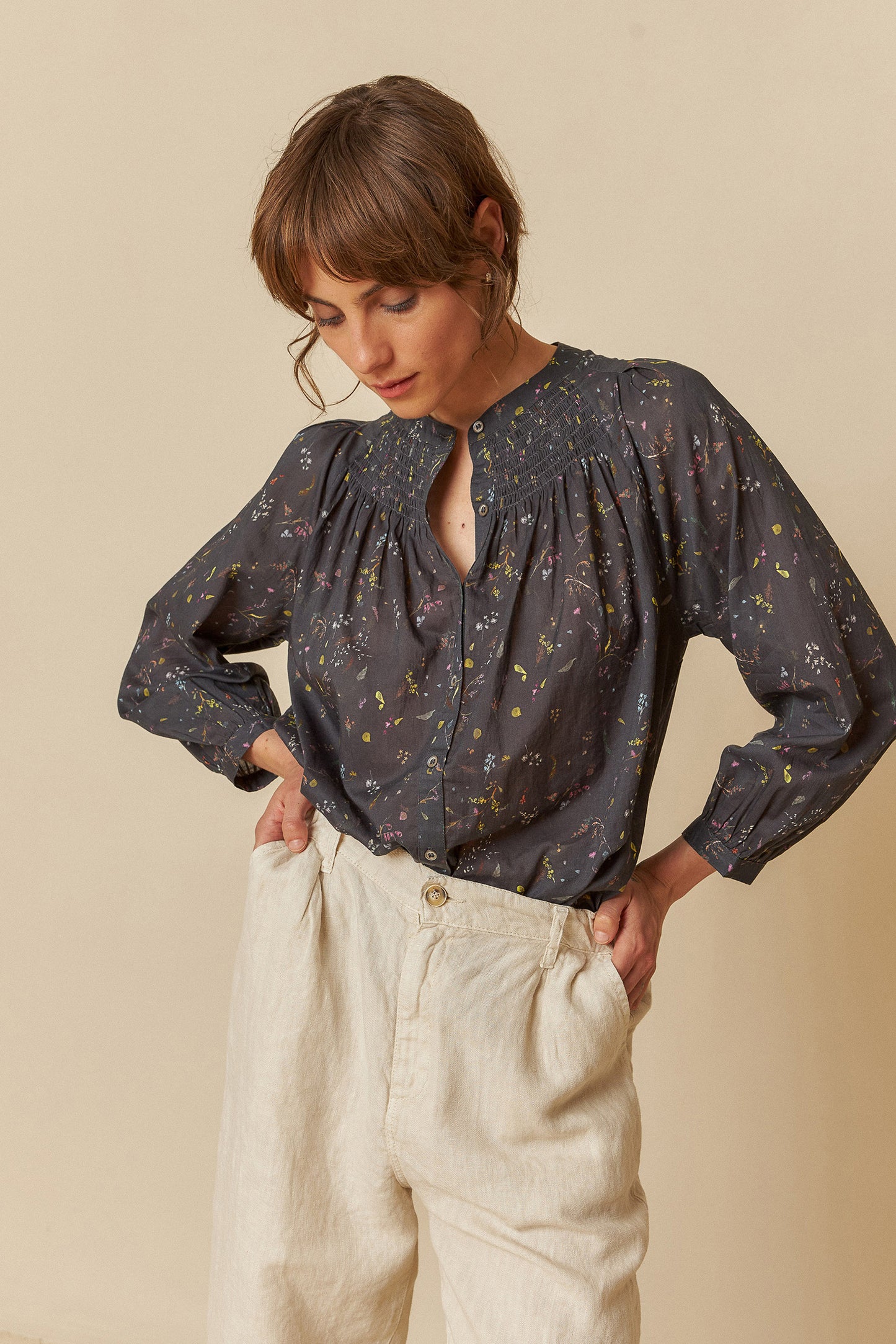 Floral Raglan Top with Buttons
