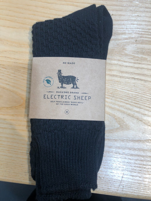 Electric Sheep, eco-friendly, merino, cotton blend socks sustainably produced in Christchurch, NewZealand,' Bahd Boyz ' of the Sock World, shopology, Canterbury made, local, blended in a unique weave which allows for stretch without elastane, whilst allowing excellent strength & durability, plastic free, guilt free socks, great as a gift for travelling overseas, easy-care, machine washable, comes in two colour ways, sizes : small to large                        