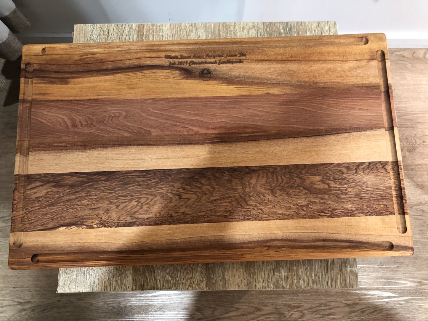 Rimu chopping board large, with & without groove. A generous, Artisan crafted chopping board. Made locally from native New Zealand Rimu wood, recycled from the Christchurch earthquake in 2011. Beautiful boards with a story that you can use everyday, shopology, will last for generations, handmade locally, Canterbury, made in New Zealand, Weight: 2925gm Size: 43cm x 30cm