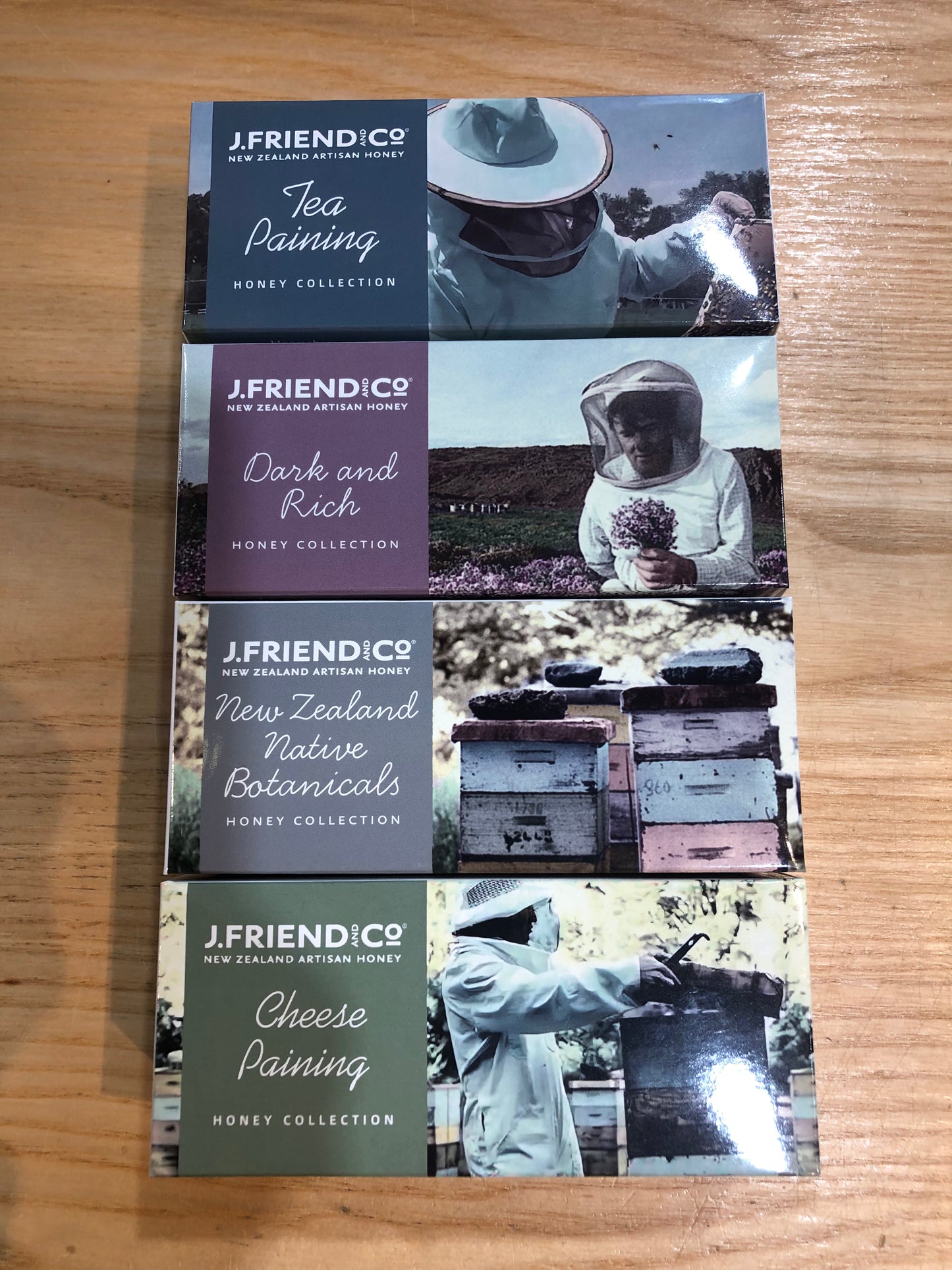 Available shopology Christchurch, CBD, J.Friend Honey collection, Tea Pairing, Dark & Rich, NZ Native Botanicals, Cheese Pairing. A unique collection of 3x30gram honeys hand packed in glass jars & boxed with information on packaging. A great gift for honey lovers made here in Christchurch, Canterbury.