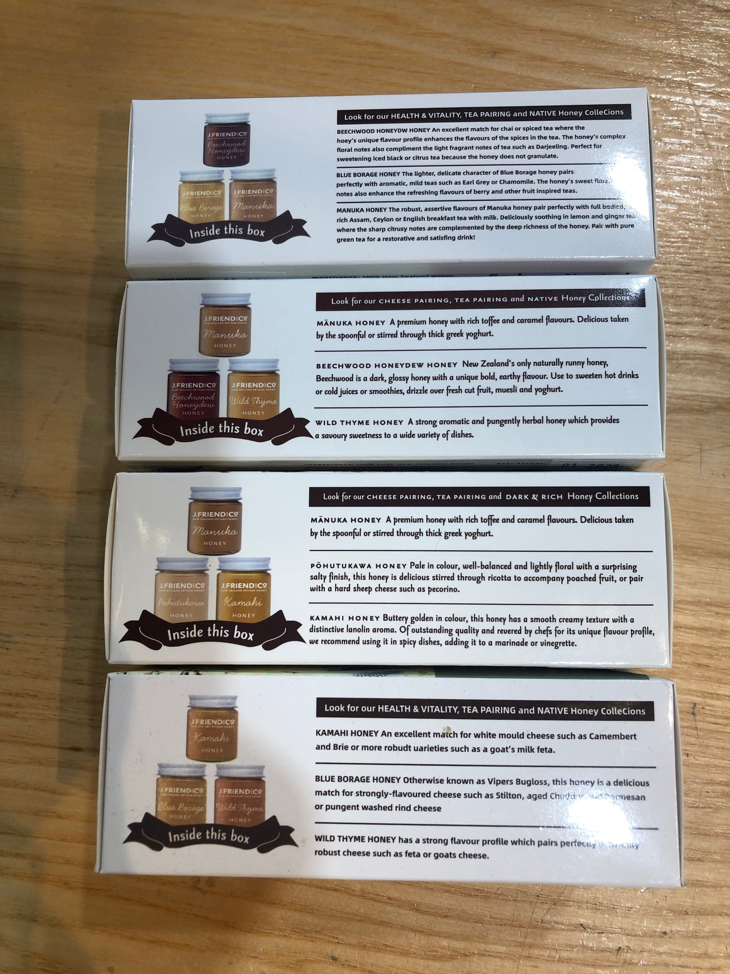 Available shopology Christchurch, CBD, J.Friend Honey collection, Tea Pairing, Dark & Rich, NZ Native Botanicals, Cheese Pairing. A unique collection of 3x30gram honeys hand packed in glass jars & boxed with information on packaging. A great gift for honey lovers made here in Christchurch, Canterbury.