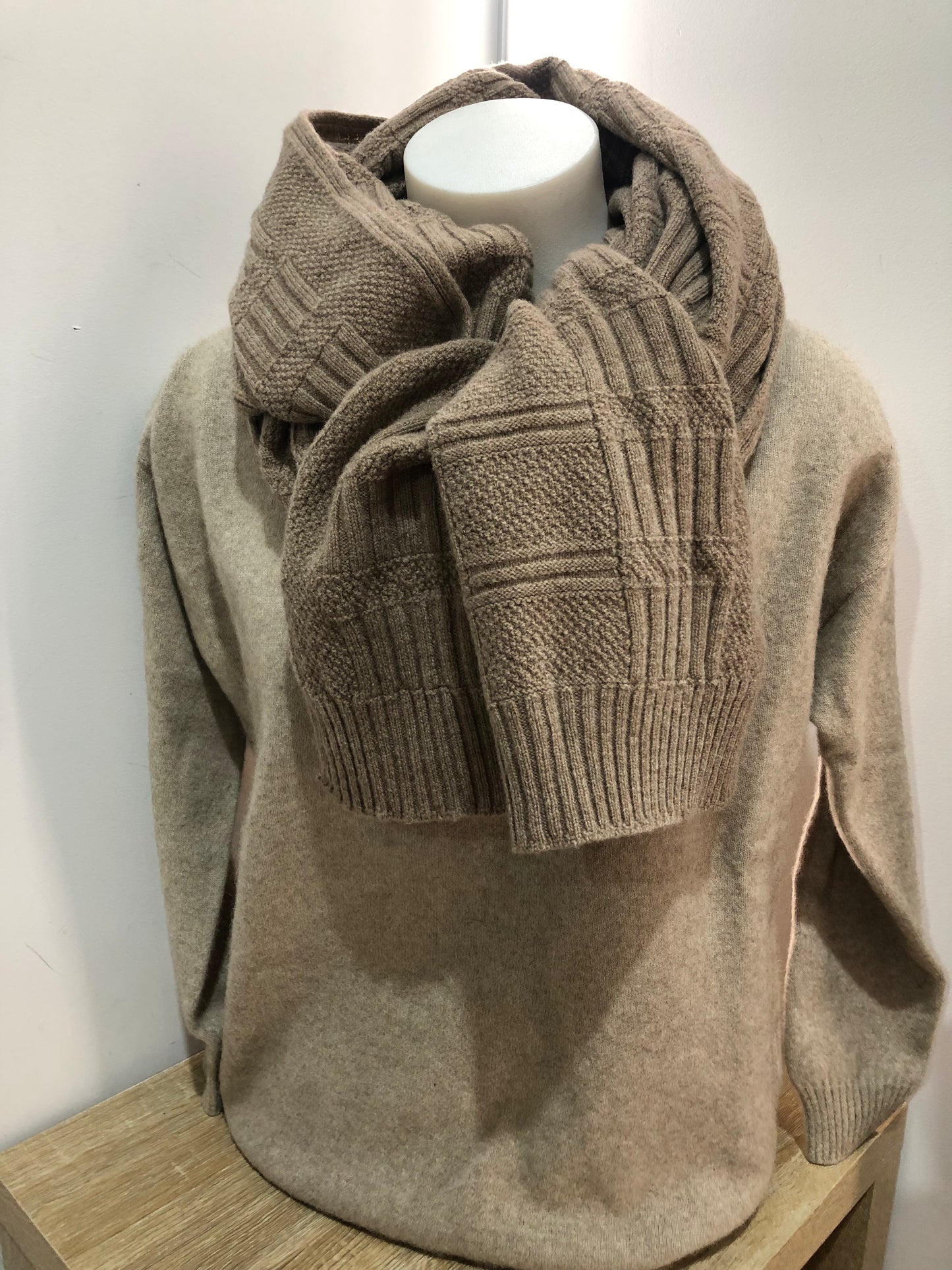 Natural Merino wrap scarf available exclusively shopology Christchurch CBD. Natural, sustainable & traceable... Beautiful Merino knitted Basket-weave wrap scarf proudly made in New Zealand. The rear naturally coloured Merino comes in shades of chocolate to silver. A wonderful gift from New Zealand. Size: length 220cm, width 45cm