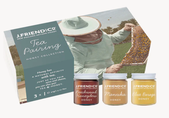 Available shopology Christchurch, CBD, J.Friend Honey collection, Tea Pairing, Dark & Rich, NZ Native Botanicals, Cheese Pairing. A unique collection of 3x30gram honeys hand packed in glass jars & boxed with information on packaging. A great gift for honey lovers made here in Christchurch, Canterbury.
