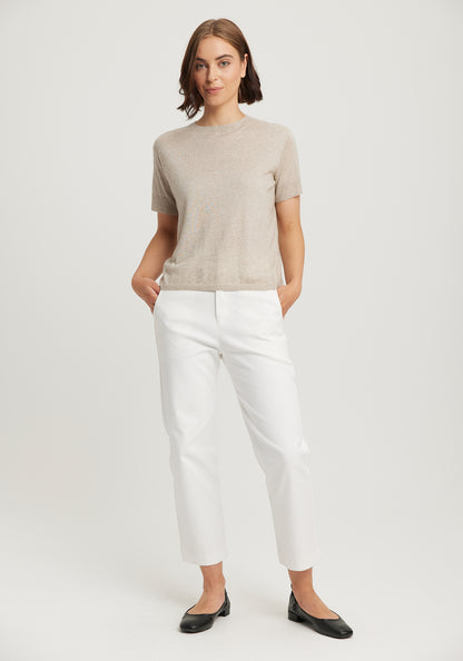Available shopology Christchurch, CBD.  Delicately crafted from the finest natural fibres, this tee is so soft, draping beautifully from your shoulder's. Featuring a crew neck and ribbed details, it's pill and itch resistant making it pure luxury to wear.  If you're wearing me with dark colours you may notice some shedding. As I'm a natural fibre, this is to be expected and will improve with age.  60% Tencel&nbsp; ( sustainable Eucalyptus trees ), 25% Merino &amp; 15% Superfine Possum