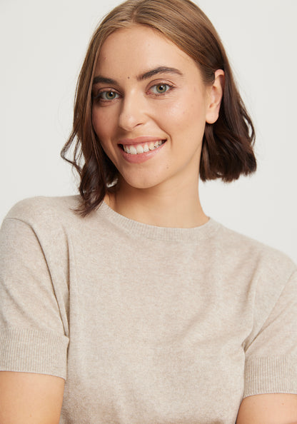 Available shopology Christchurch, CBD.  Delicately crafted from the finest natural fibres, this tee is so soft, draping beautifully from your shoulder's. Featuring a crew neck and ribbed details, it's pill and itch resistant making it pure luxury to wear.  If you're wearing me with dark colours you may notice some shedding. As I'm a natural fibre, this is to be expected and will improve with age.  60% Tencel&nbsp; ( sustainable Eucalyptus trees ), 25% Merino &amp; 15% Superfine Possum