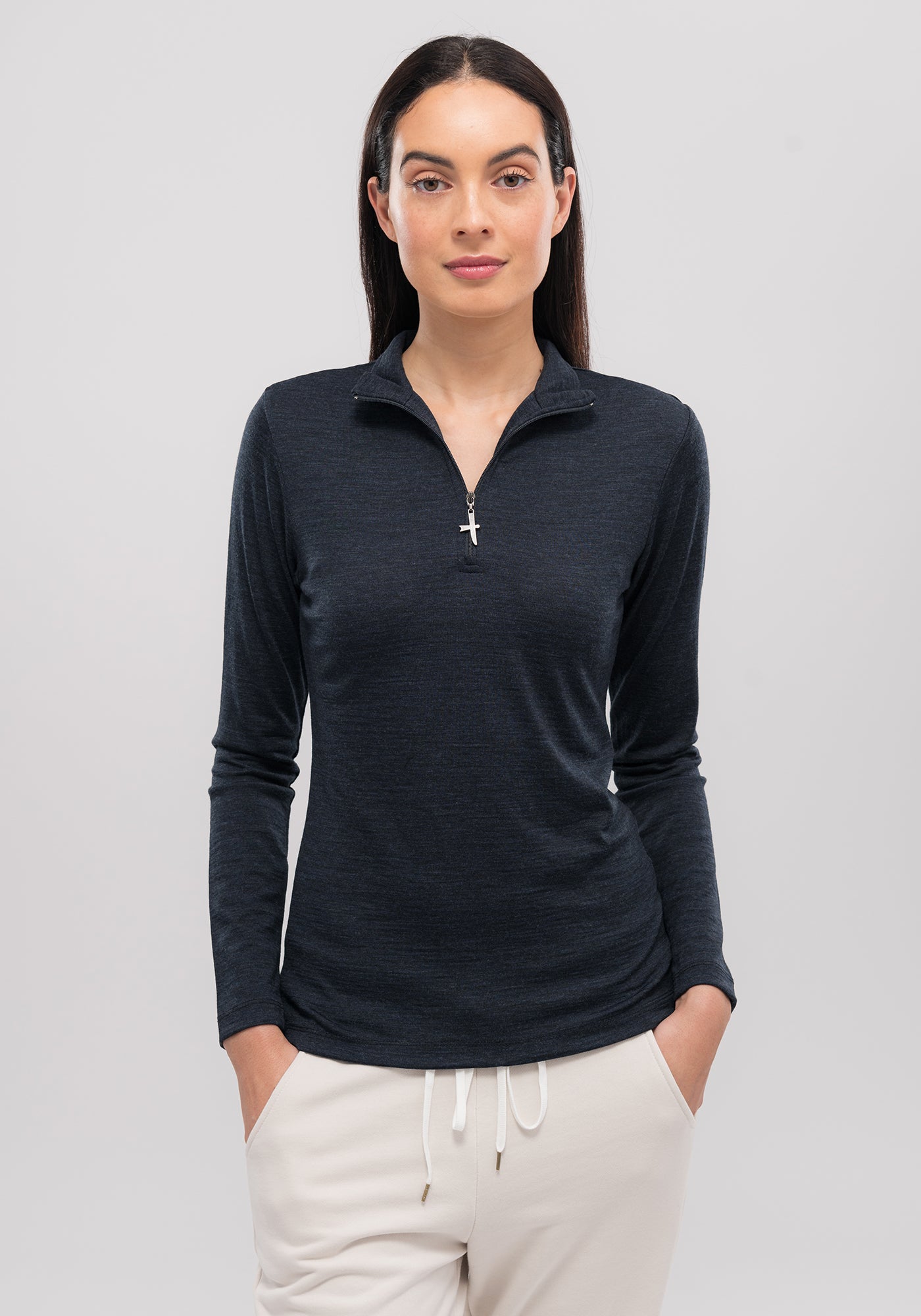 100% certified ZQRX merino, Untouched World, Shopology, short body, Made in New Zealand, classic half zip top, can be worn all year round, seasonal, quick drying easy care, moisture wicking, gift, knitwear, wool, washable, sustainable, stylish, soft, plastic-free, pill resistant, , natural, lightweight, eco-friendly, breathable, itch-free, local, Canterbury made, exclusive CBD