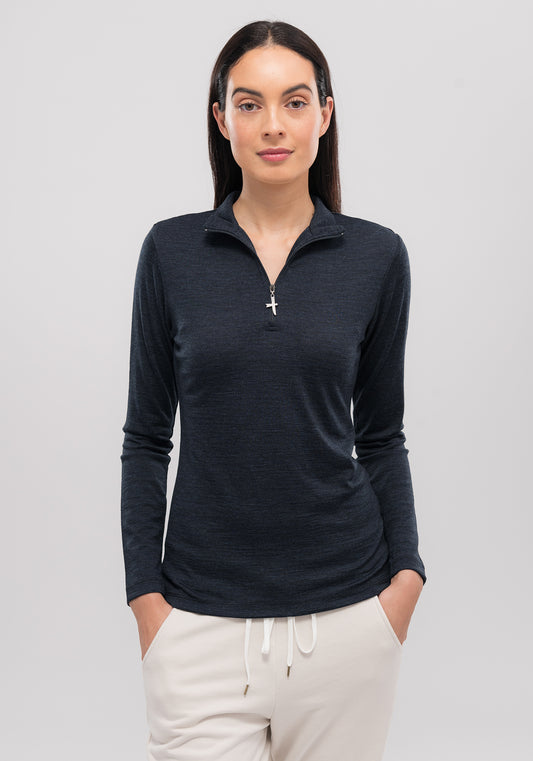 100% certified ZQRX merino, Untouched World, Shopology, short body, Made in New Zealand, classic half zip top, can be worn all year round, seasonal, quick drying easy care, moisture wicking, gift, knitwear, wool, washable, sustainable, stylish, soft, plastic-free, pill resistant, , natural, lightweight, eco-friendly, breathable, itch-free, local, Canterbury made, exclusive CBD