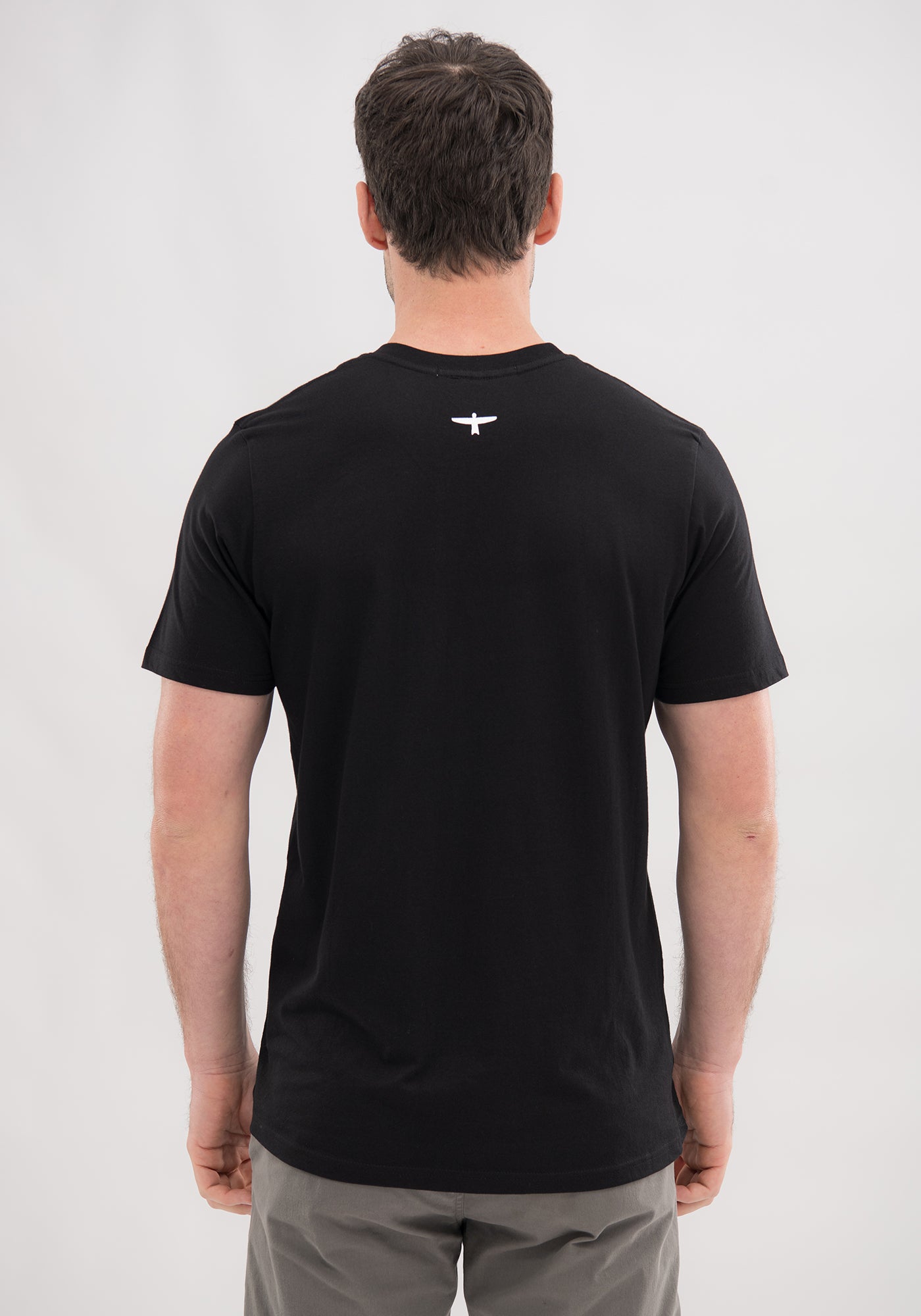  Untouched World Project U Tee created from organic cotton fibres, 100% fair-trade organic cotton, crew neck, shopology, excellent breathability, hypoallergenic, odour resistant, features UTW’s signature kite print, exclusive CBD, local, black T with white kite design