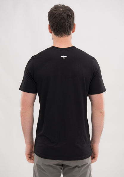  Untouched World Project U Tee created from organic cotton fibres, 100% fair-trade organic cotton, crew neck, shopology, excellent breathability, hypoallergenic, odour resistant, features UTW’s signature kite print, exclusive CBD, local, black T with white kite design