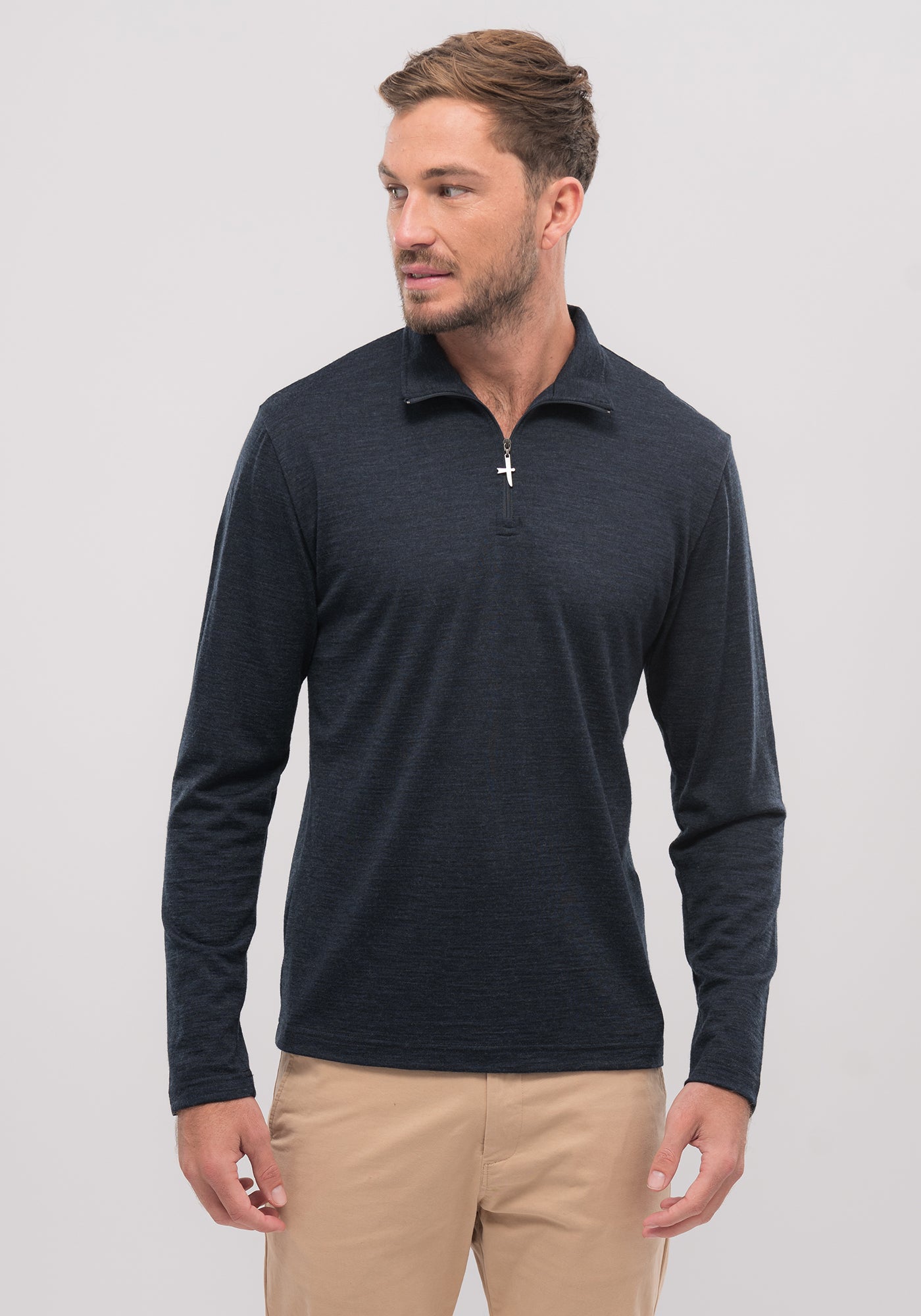 Classic Pua zip shirt, 100% certified ZQRX merino, Untouched World, Shopology, short body, Made in New Zealand, classic half zip top, can be worn all year round, seasonal, quick drying easy care, moisture wicking, gift, knitwear, wool, washable, sustainable, stylish, soft, plastic-free, pill resistant, , natural, lightweight, eco-friendly, breathable, itch-free, menswear