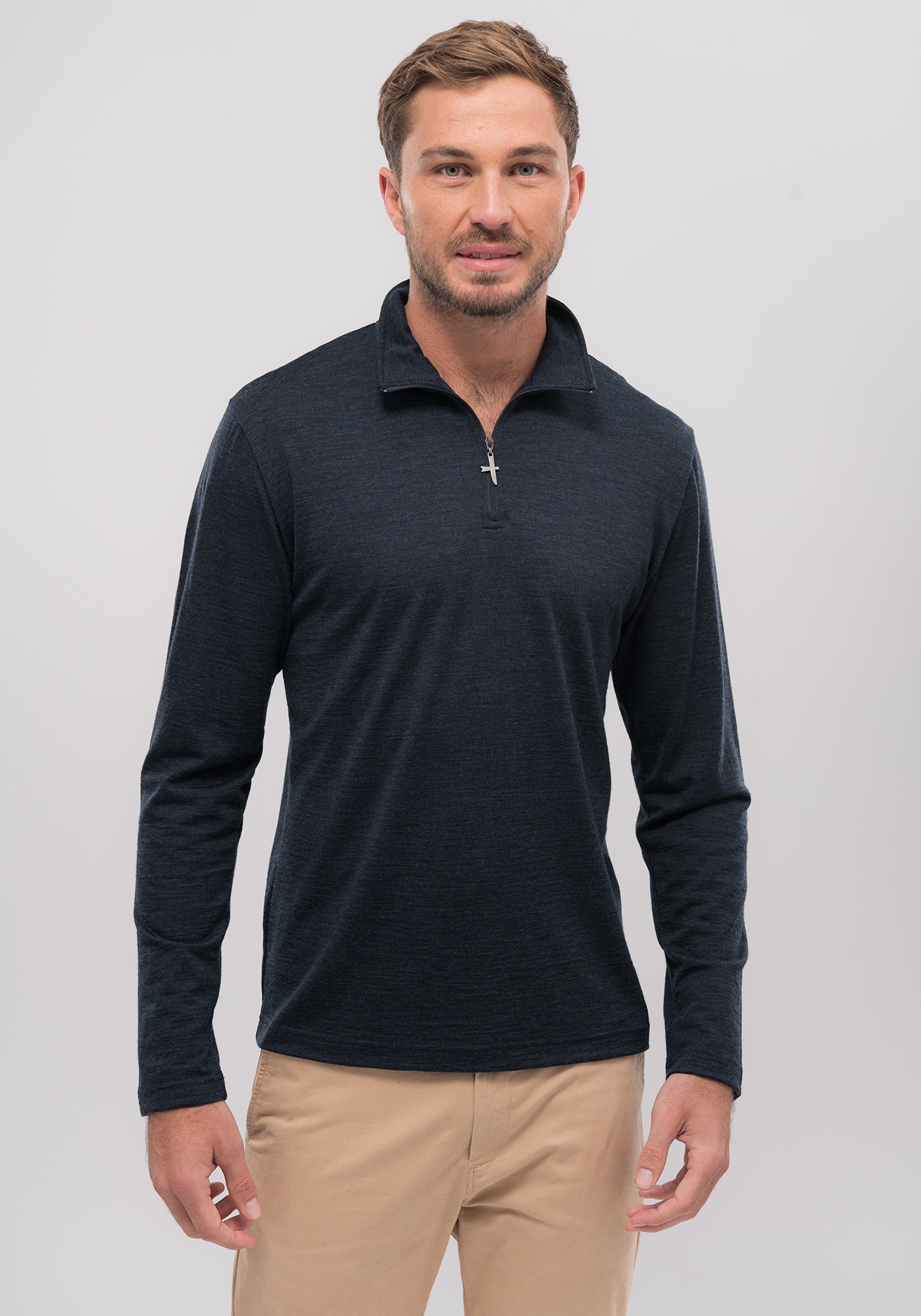Classic Pua zip shirt, 100% certified ZQRX  merino, Untouched World, Shopology, short body, Made in New Zealand, classic half zip top, can be worn all year round, seasonal, quick drying easy care, moisture wicking, gift, knitwear, wool, washable, sustainable, stylish, soft, plastic-free, pill resistant, , natural, lightweight, eco-friendly, breathable, itch-free, menswear