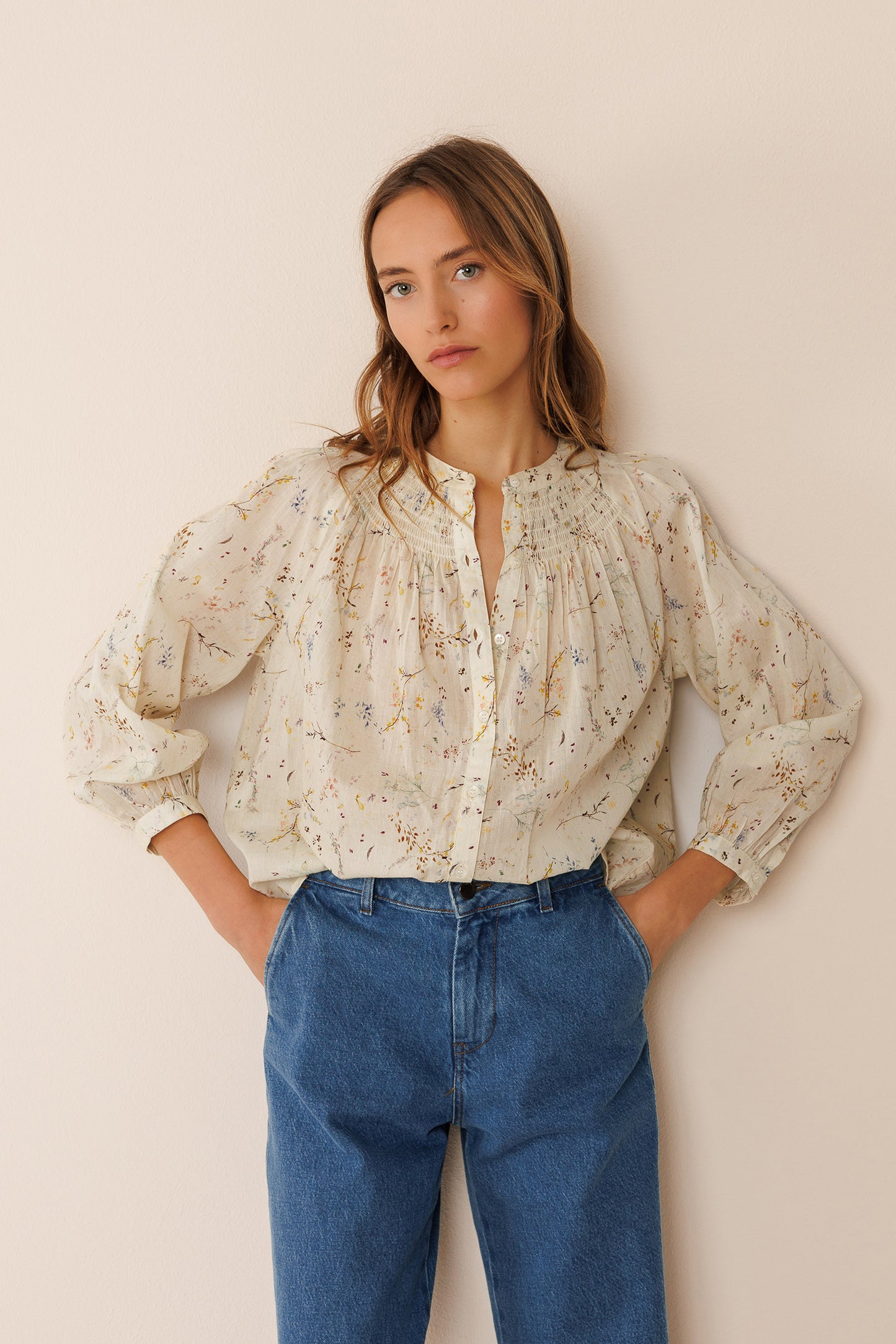 Floral Raglan Top with Buttons