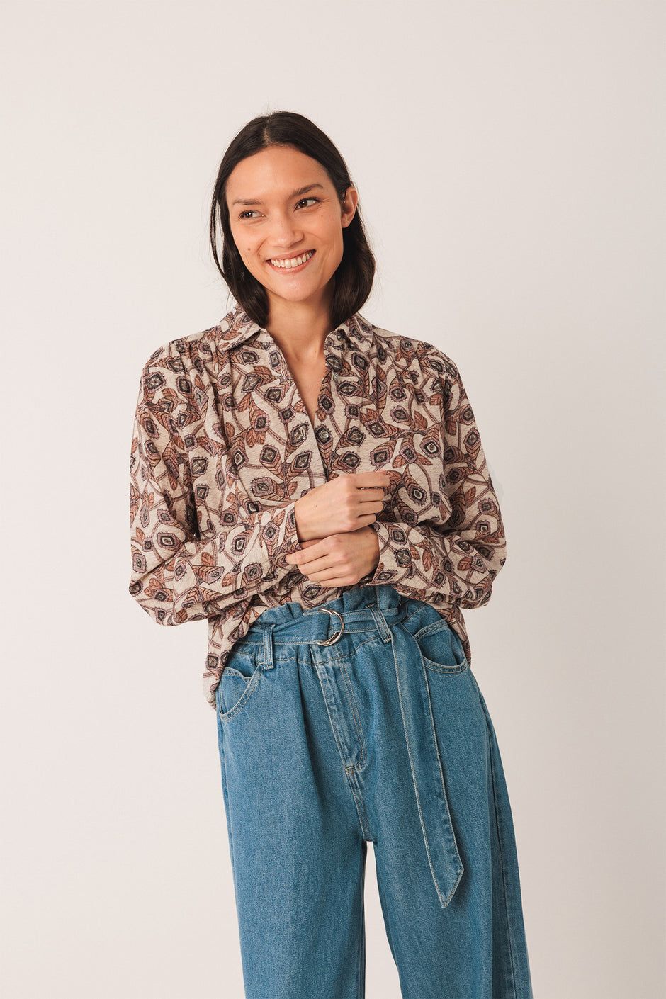 Neutral Colour Print- Long Sleeve Cotton Shirt