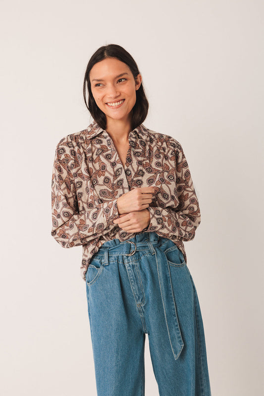Neutral Colour Print- Long Sleeve Cotton Shirt