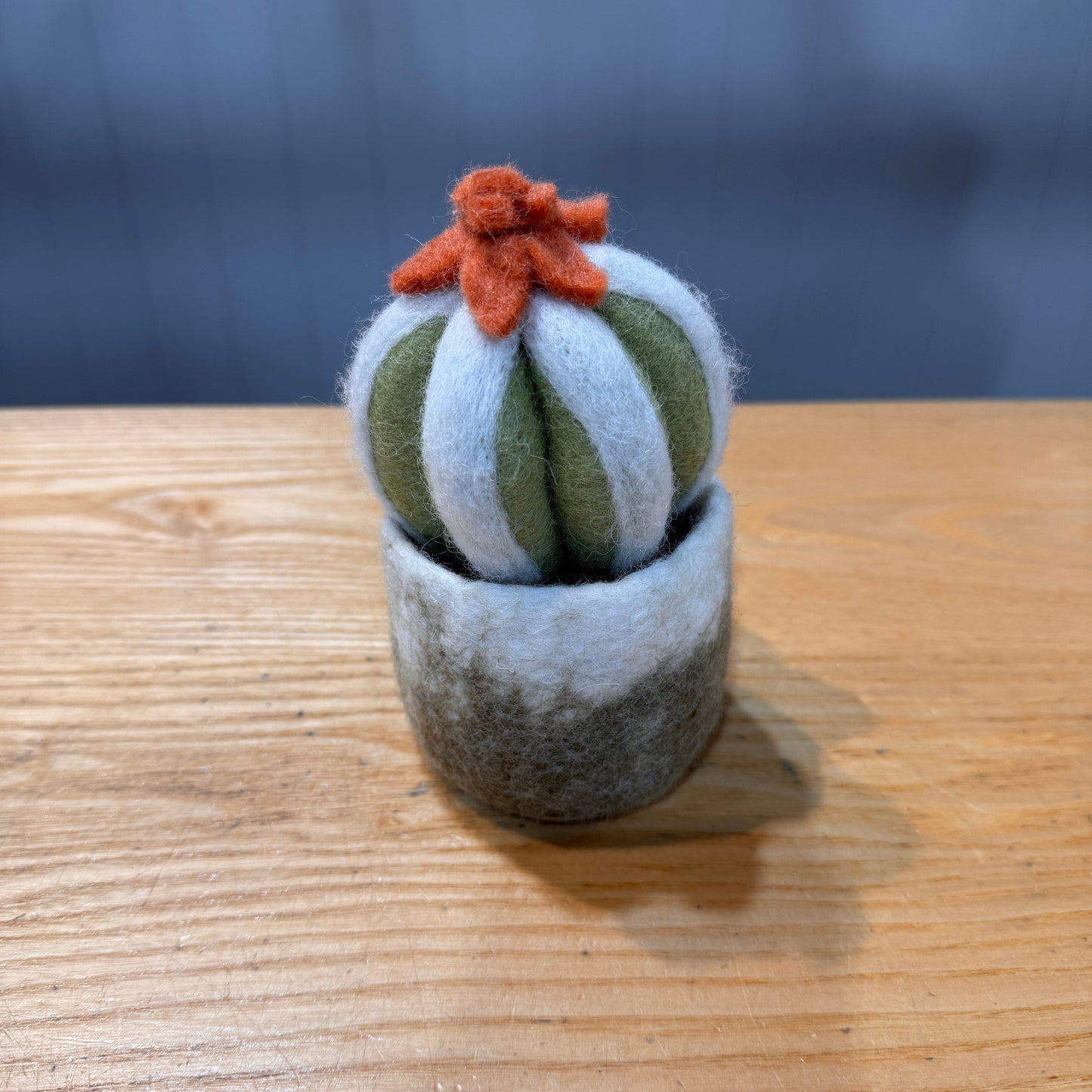 small felt cactus with orange flower.