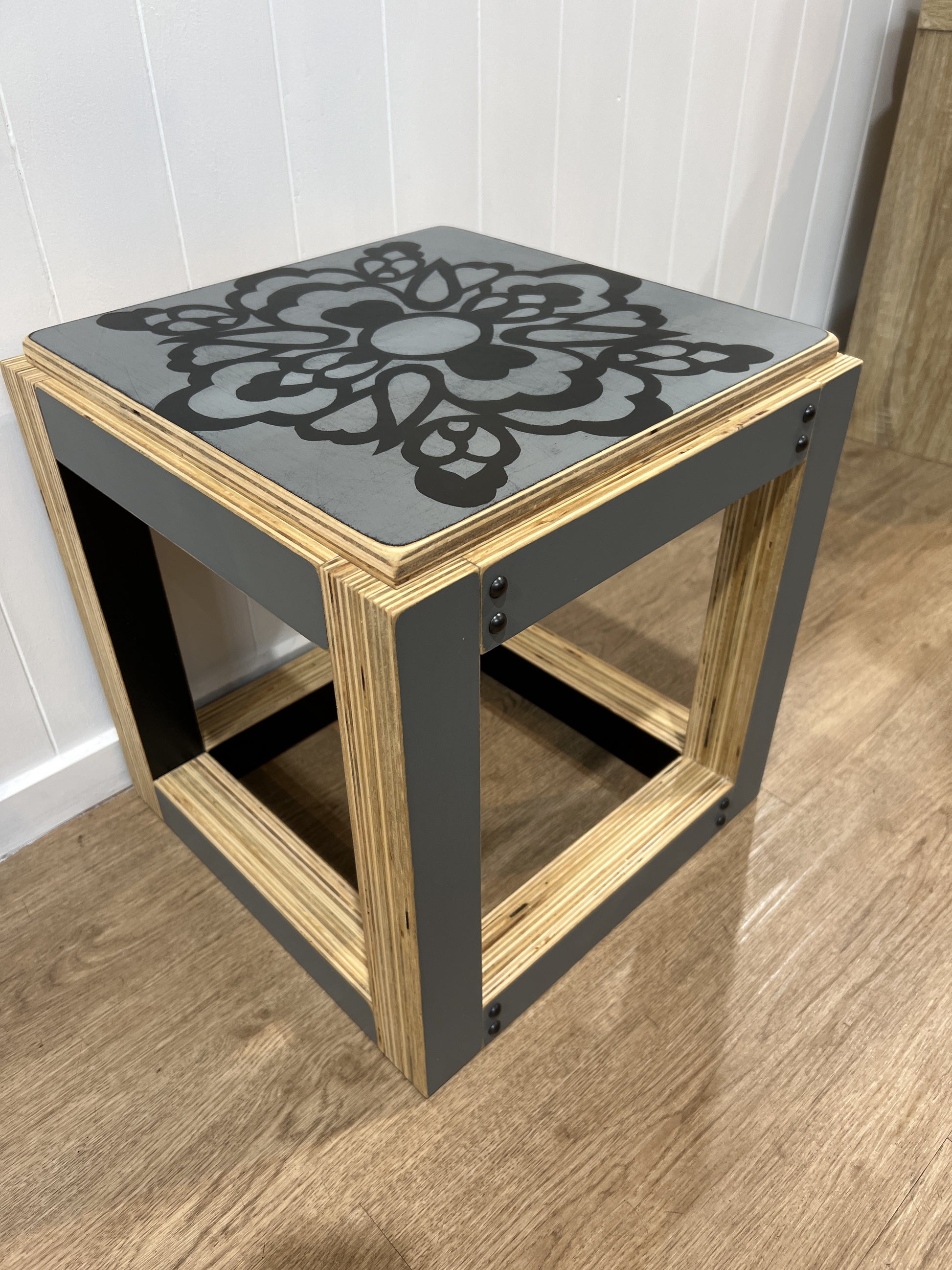 ARTIST - "Marcia Scott" available shopology Christchurch CBD.  All unique pieces of furniture are hand painted by the talented local artist "Marcia Scott".  It could be used as a stool or a side table are a piece of art and will suit any interior space.  - Solid and heavy duty  - Size L400 x W400 x H430  - All furniture has been handmade so might have their odd quirk.