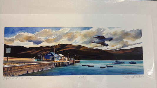 Unframed limited edition print of Akaroa Wharf featuring a seagull and small boats.