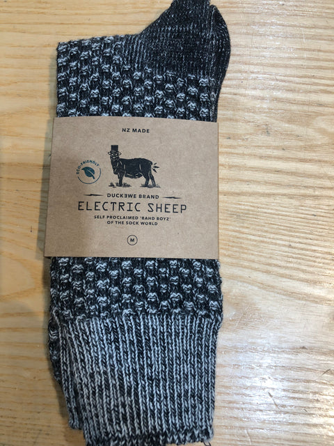 Electric Sheep, eco-friendly, merino, cotton blend socks sustainably produced in Christchurch, NewZealand,' Bahd Boyz ' of the Sock World, shopology, Canterbury made, local, blended in a unique weave which allows for stretch without elastane, whilst allowing excellent strength & durability, plastic free, guilt free socks, great as a gift for travelling overseas, easy-care, machine washable, comes in two colour ways, sizes : small to large                        