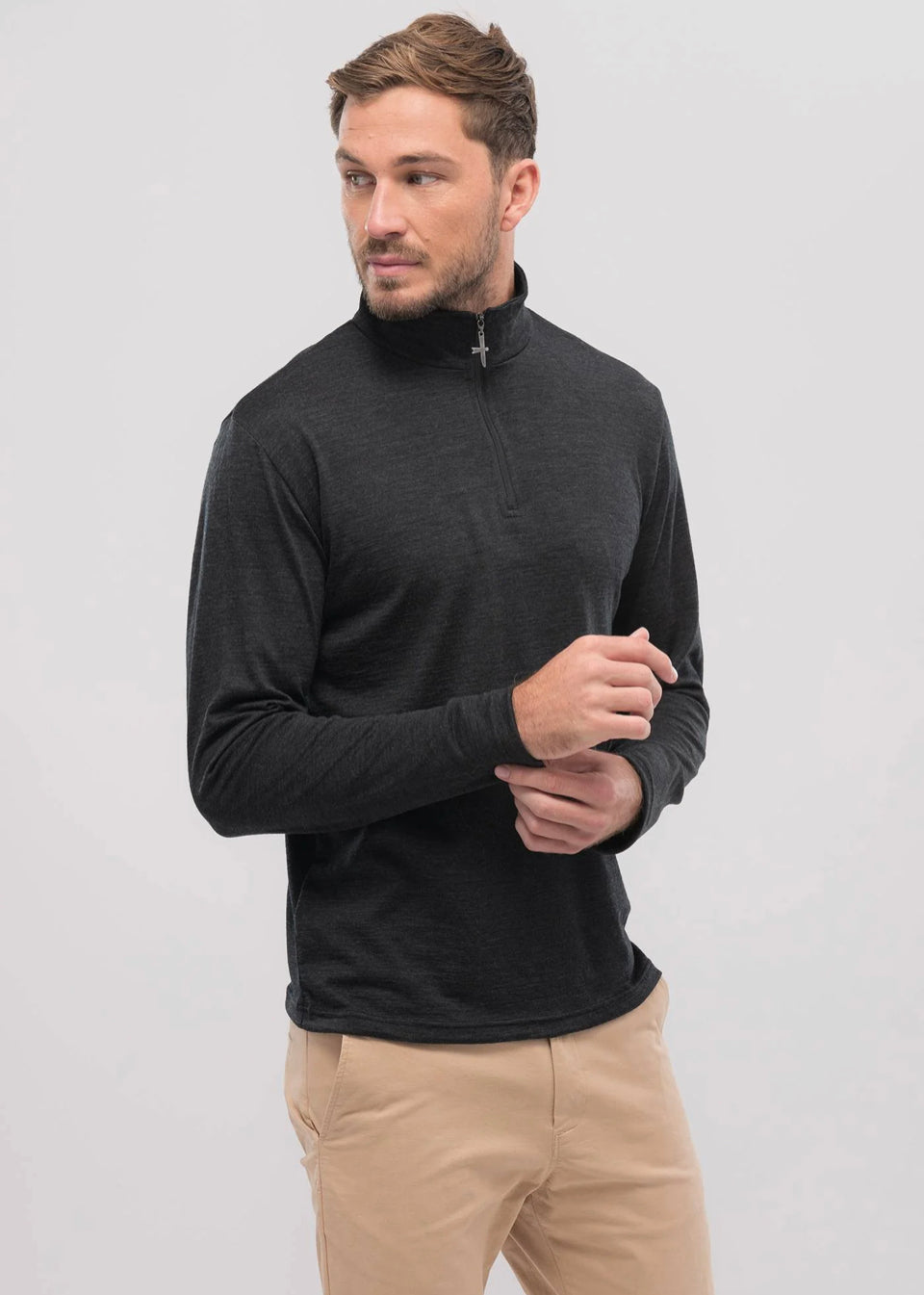 Classic Pua zip shirt, 100% certified ZQRX merino, Untouched World, Shopology, short body, Made in New Zealand, classic half zip top, can be worn all year round, seasonal, quick drying easy care, moisture wicking, gift, knitwear, wool, washable, sustainable, stylish, soft, plastic-free, pill resistant, , natural, lightweight, eco-friendly, breathable, itch-free, menswear