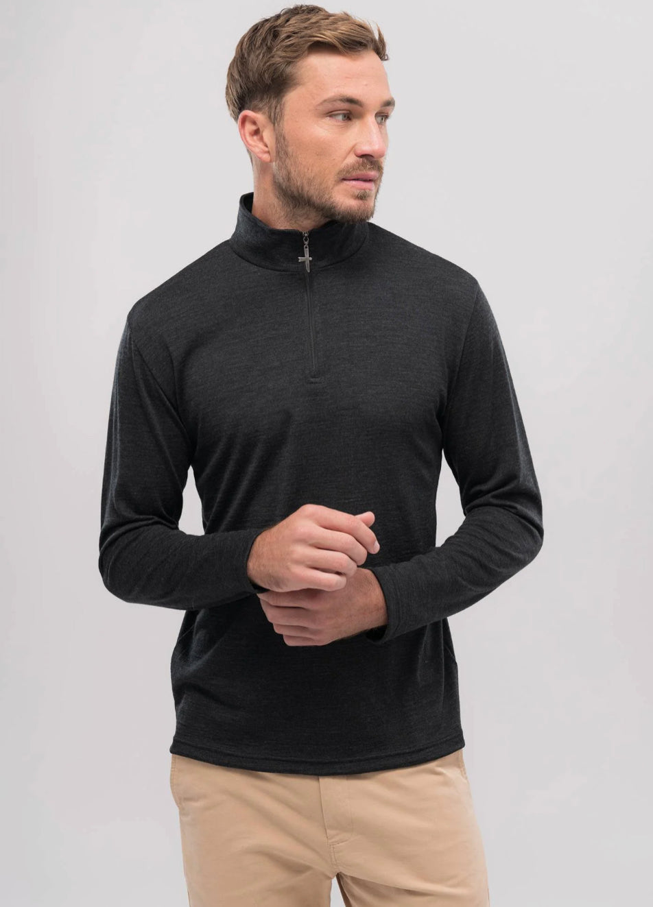 Classic Pua zip shirt, 100% certified ZQRX merino, Untouched World, Shopology, short body, Made in New Zealand, classic half zip top, can be worn all year round, seasonal, quick drying easy care, moisture wicking, gift, knitwear, wool, washable, sustainable, stylish, soft, plastic-free, pill resistant, , natural, lightweight, eco-friendly, breathable, itch-free, menswear