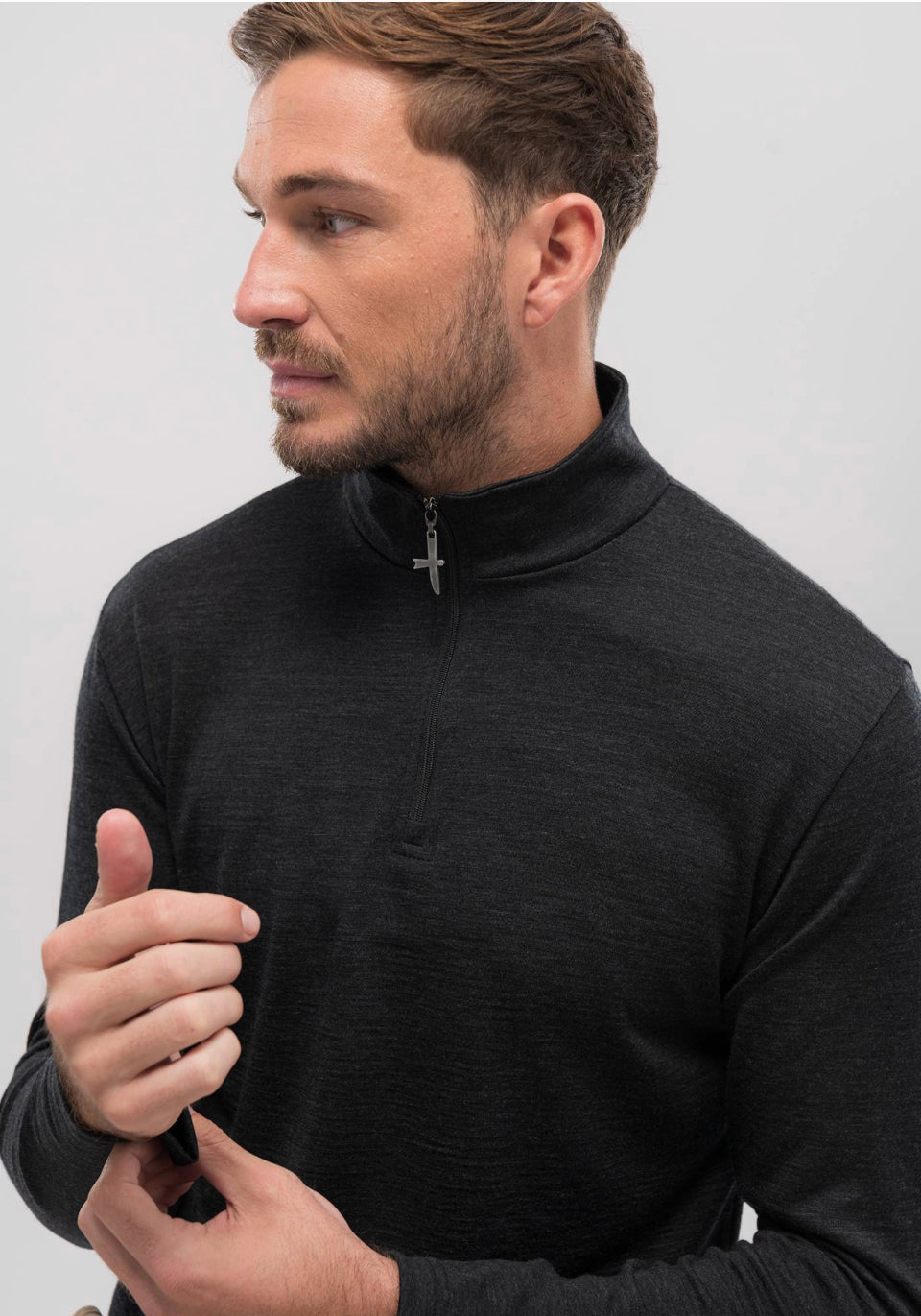 Classic Pua zip shirt, 100% certified ZQRX merino, Untouched World, Shopology, short body, Made in New Zealand, classic half zip top, can be worn all year round, seasonal, quick drying easy care, moisture wicking, gift, knitwear, wool, washable, sustainable, stylish, soft, plastic-free, pill resistant, , natural, lightweight, eco-friendly, breathable, itch-free, menswear