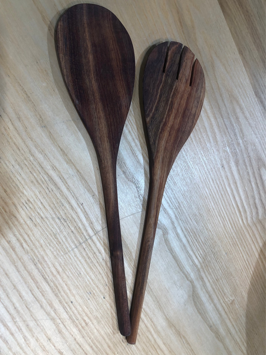 Beautiful acacia spatulas, salad servers and cooking spoons made especially for Shopology by Steve in Christchurch.  Handcrafted from recycled Blackwood.  A wonderful gift for your friends or for those travelling overseas.  Measurements:  Spatula: 32cm  Cooking spoon: 33cm  Salad servers: 33cm 