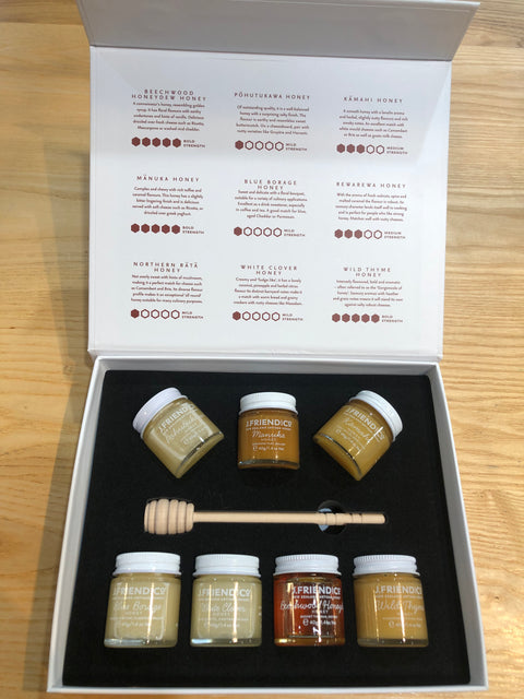 Available shopology all year round Christchurch , CBD.  Raw Honeys of New Zealand Sampler boxed set.  A carefully curated selection of premium single varietal New Zealand honey sourced from NZ's rugged and diverse landscape.  Produced locally here in Canterbury.   This is an excellent gift for friends overseas or for your local honey lovers. Wonderfully packaged with full descriptions inside & outside the box. 