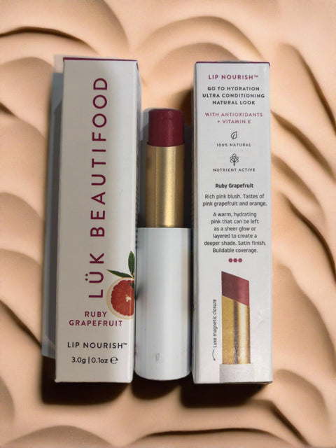 Lük Beautifood lipsticks available shopology, Christchurch CBD. A sheer buildable , 100% natural lipstick with nourishing benefits of a balm, dewy,satin finish look. 100% Natural Lip Sticks backed by science that harness's the transformational power of food & botanicals to feed lips with vitamins, minerals & antioxidants for a healthy, natural glow. RUBY GRAPEFRUIT