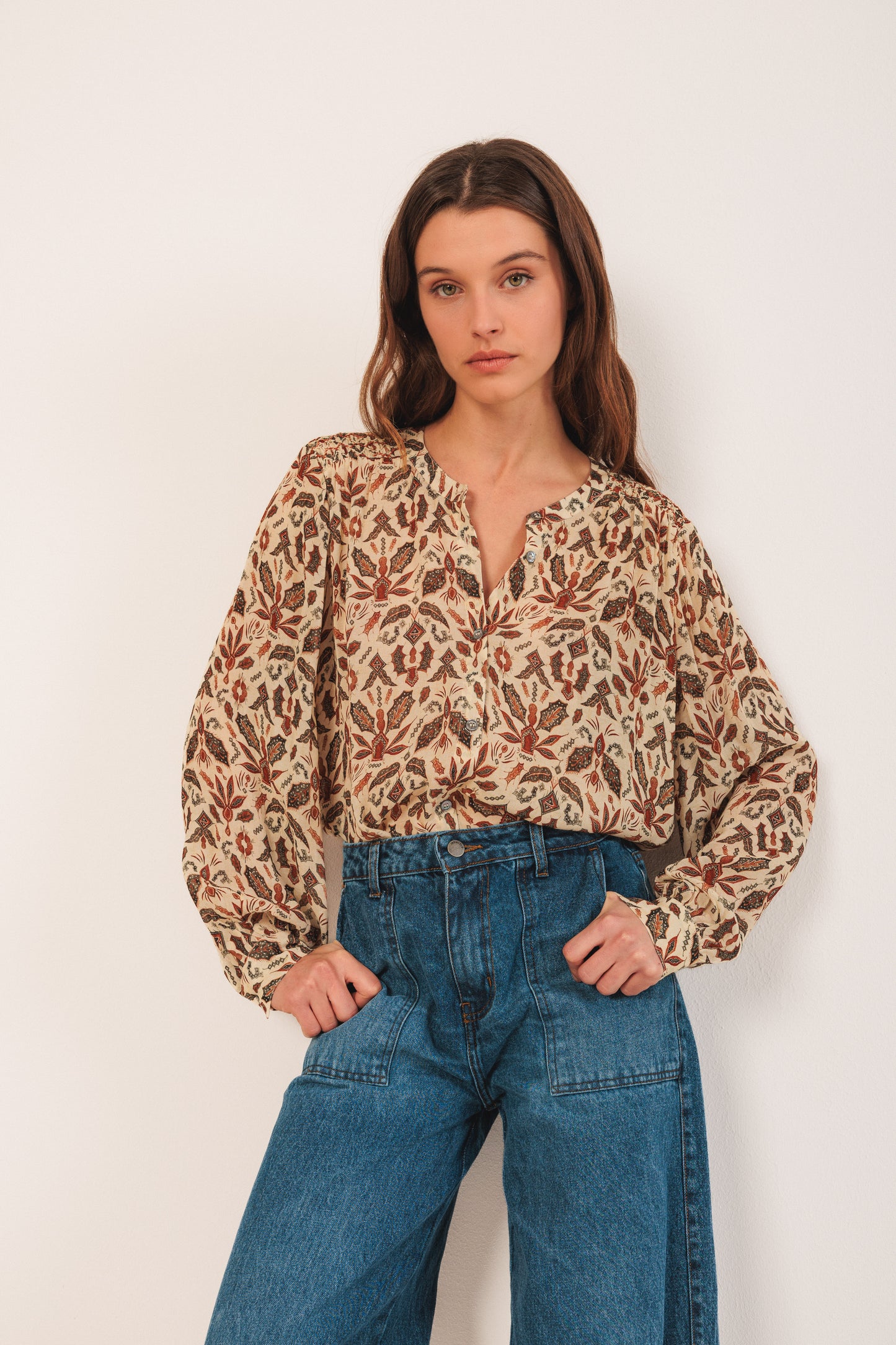 Smocked Front Autumn Pattern Top