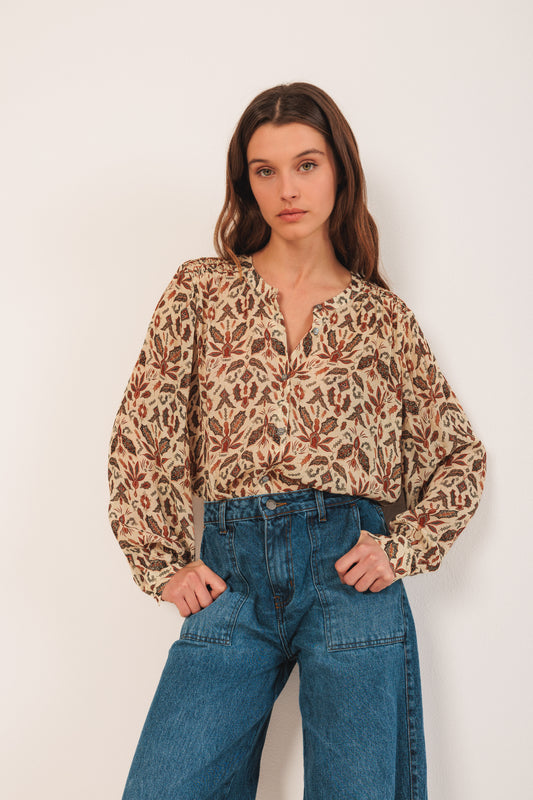 Smocked Front Autumn Pattern Top