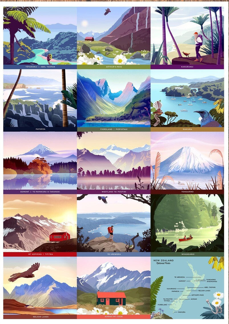 Collage of 12 national parks in NZ