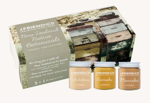Available shopology Christchurch, CBD, J.Friend Honey collection, Tea Pairing, Dark & Rich, NZ Native Botanicals, Cheese Pairing. A unique collection of 3x30gram honeys hand packed in glass jars & boxed with information on packaging. A great gift for honey lovers made here in Christchurch, Canterbury.