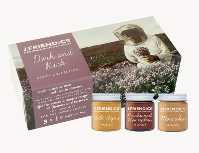 Available shopology Christchurch, CBD, J.Friend Honey collection, Tea Pairing, Dark & Rich, NZ Native Botanicals, Cheese Pairing. A unique collection of 3x30gram honeys hand packed in glass jars & boxed with information on packaging. A great gift for honey lovers made here in Christchurch, Canterbury.