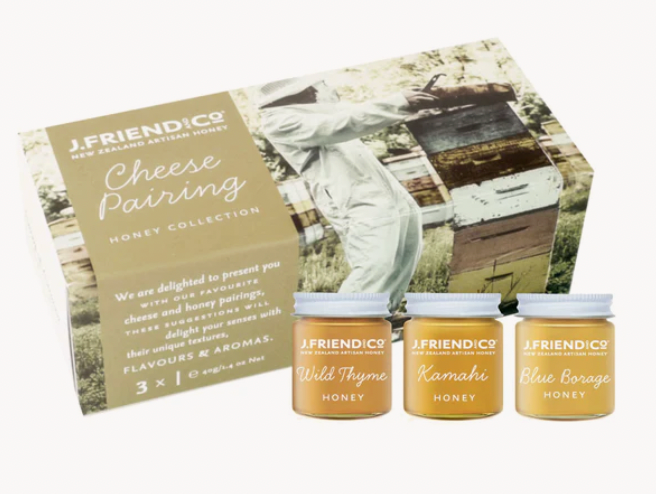 Available shopology Christchurch, CBD, J.Friend Honey collection, Tea Pairing, Dark & Rich, NZ Native Botanicals, Cheese Pairing. A unique collection of 3x30gram honeys hand packed in glass jars & boxed with information on packaging. A great gift for honey lovers made here in Christchurch, Canterbury.