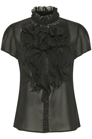Lilja blouse available exclusive shopology, Christchurch CBD.  An amazing blouse on, very versatile as can be dressed up or down. Stunning tucked in pants or a skirt. It looks just as good hanging loose over the top of pants. Blouse can be worn buttoned up or left un-done. The ruffles on the front gives great impact, with a sheer back, side front & elasticated small cap sleeves. Can be worn all year round under a Jacket or a cardigan.  Machine washable, drip-dry on hanger with no ironing necessary.    