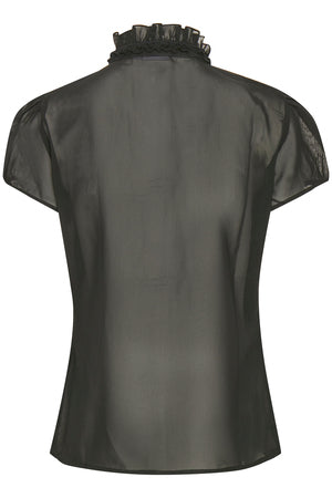 Lilja blouse available exclusive shopology, Christchurch CBD.  An amazing blouse on, very versatile as can be dressed up or down. Stunning tucked in pants or a skirt. It looks just as good hanging loose over the top of pants. Blouse can be worn buttoned up or left un-done. The ruffles on the front gives great impact, with a sheer back, side front & elasticated small cap sleeves. Can be worn all year round under a Jacket or a cardigan.  Machine washable, drip-dry on hanger with no ironing necessary.    