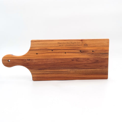 Rimu cheese board with handle, Canterbury made, made in New Zealand, shopology, local, recycled from the Christchurch earthquake in 2011. Beautiful boards with a story that you can use everyday, native New Zealand rimu, The Cheeseboard measures: length 44.5cm ( to tip of handle ), length 32cm, width 17cm, depth, 1.5cm, measurements may vary as handmade, artisan,  sustainable